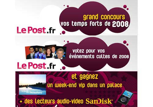 Capture d'écran de 2 bannières publicitaires pour le concours lepost.fr sur les temps forts 2008.