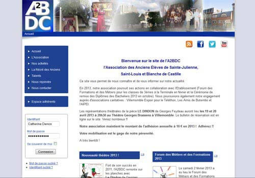 Capture d'écran de la page d'accueil du site de l'A2BDC