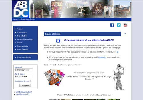 Capture d'écran de la page de connexion à l'espace adhérents du site de l'A2BDC