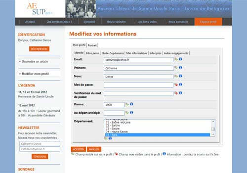 Capture d'écran du module d'inscription à l'annuaire de l'association.