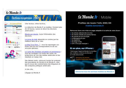 Capture d'écran de 2 newsletters du Monde pour les élections européennes.