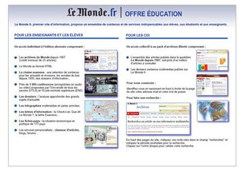 Capture d'écran de la plaquette promotionnelle de l'offre éducation du Monde (page intérieure).