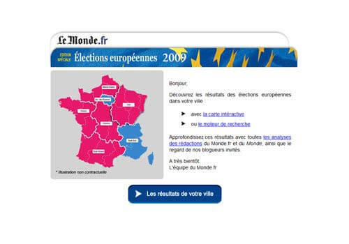 Capture d'écran d'une newsletter pour l'appli des résultats des élections européennes.
