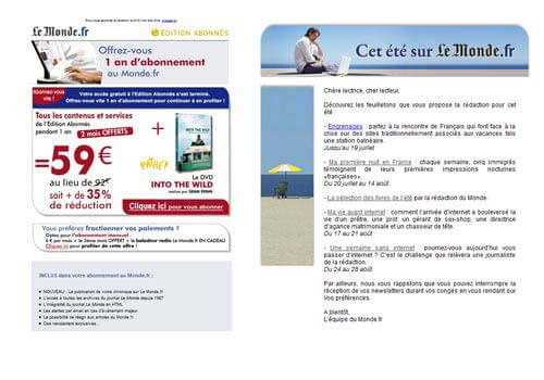 Capture d'écran de 2 newsletters pour les abonnés de lemonde.fr.