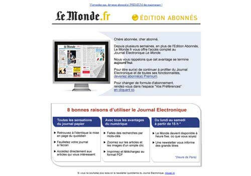 Capture d'écran d'une page de promotion du journal électronique du Monde.