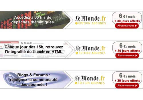 Capture d'écran de 3 bannières publicitaires pour l'édition abonnés du site lemonde.fr.