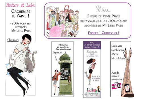 Capture d'écran de 5 bannières publicitaires pour Hectore et Lola, Les Petites... et l'appli de My Little Paris.