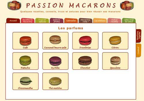 Capture d'écran de la page des différents parfums de macarons.