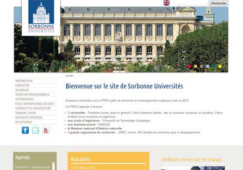 Capture d'écran de la page d'accueil du site Sorbonne Universités.