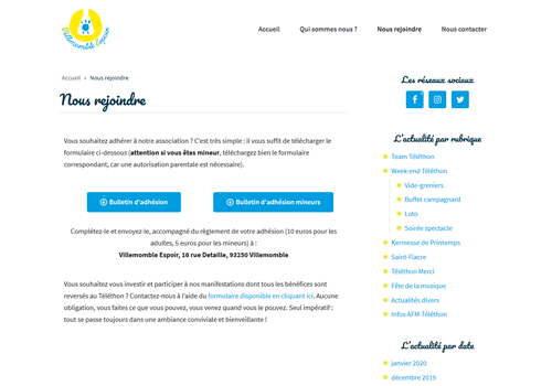 Capture d'écran de la page 'Nous rejoindre' du site de Villemomble Espoir'.