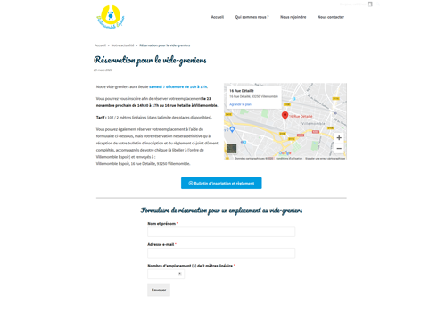 Capture d'écran de la page permettant de réserver pour un évènement organisé par Villemomble Espoir'.